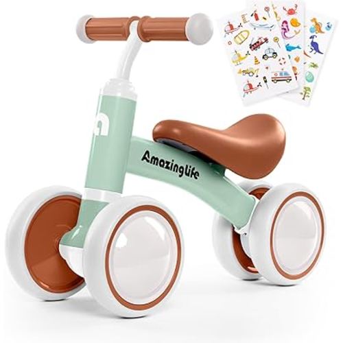 Balance Bike 1 Year Old, 10-24 Months Baby Balance Bike Toys, No Pedal Infant 4 Wheels Toddler Bike, Toddler Ride On Toys, Three Free Cartoon Stickers, First Birthday Gift for Boys Girls
