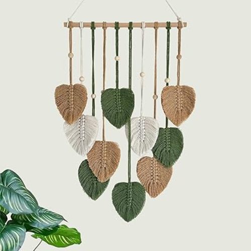 TUDRUKU Macrame Wall Hanging Nursery Decor Leaves Woven Tapestry Feather Handmade Yarn Tassels Boho Wall Decor Leaves Art Decorations for Nursery Bedroom Living Room Apartment Home Backdrop (Green)