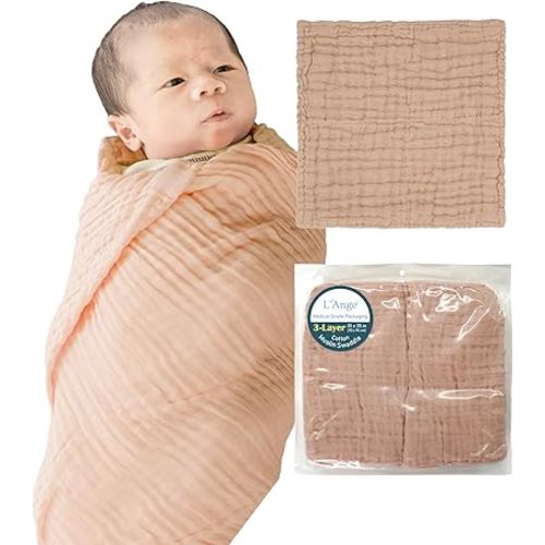 L'Ange Baby Muslin Swaddle Blanket - 3 Layer Breathable Cotton Receiving Blankets - Medical Grade Packaging for Newborn and Infant - 2 Pack - 35x35 - Khaki