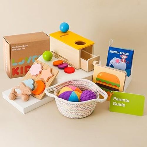 Montessori Toys for Babies 6-12 Months 6 in 1 Learning Educational Toy Set Wooden Toys Play Kit Includes Object Permanence Box, Touch & Match Board, Sensory Ball & Treasure Basket, Soft Baby Book