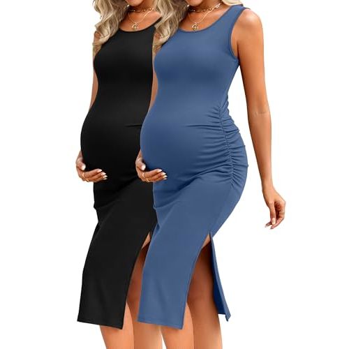 Neer 2 Pack Women's Maternity Dress Casual Sleeveless Tank Cotton Knit Pregnancy Clothes Split Long Tight Bodycon Midi Dress