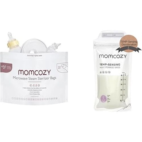 Momcozy Larger Microwave Steam Sterilizer Bags, 8 Count & Momcozy Temp-Sensing Discoloration Breastmilk Storage Bags, 200PCS