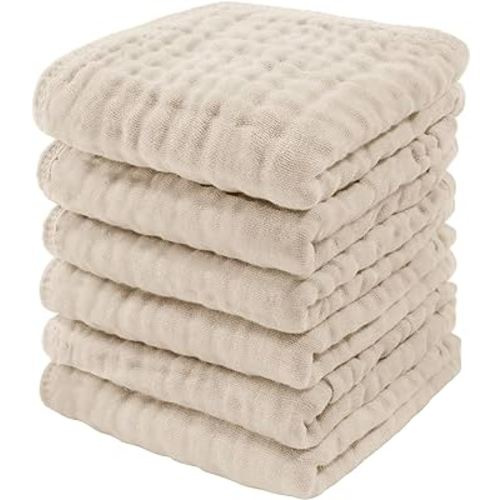 Baby Washcloths Set, Muslin Cotton Baby Towels, Large 10”x10” Wash Cloths Soft on Sensitive Skin, Absorbent for Boys & Girls, Newborn Baby & Toddlers Essentials Shower Registry Gift (Sand, Pack of 6)