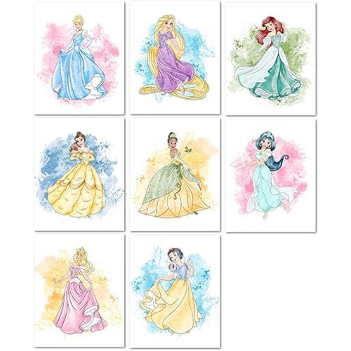 Nistio Princess Nursery Wall Art Prints, Ariel Nursery Poster, Newborn Gift, Cinderella Baby Room Decor For Girls, Princess Cinderella, Rapunzel, Ariel, Belle, Tiana, Jasmine, Set of 8 Prints, 8x10