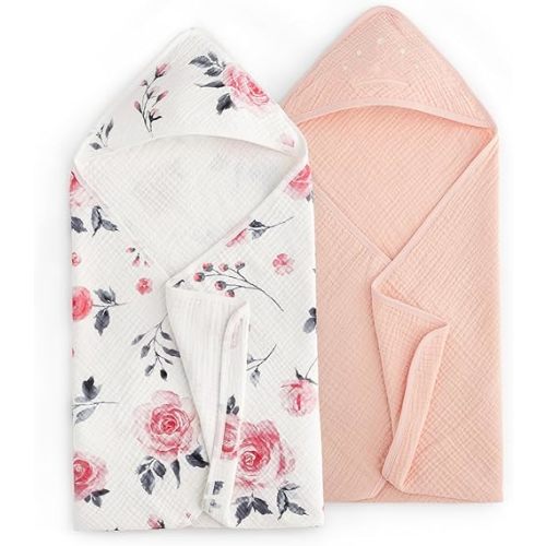 david's kids 2 Pack Hooded Baby Towels, Large 32"x32", 6 Layer 100% Muslin Cotton Highly Absorbent Girl Bath Towel for Newborn, Infant and Toddler. Ultra Soft and Breathable Baby Essentials, Rose