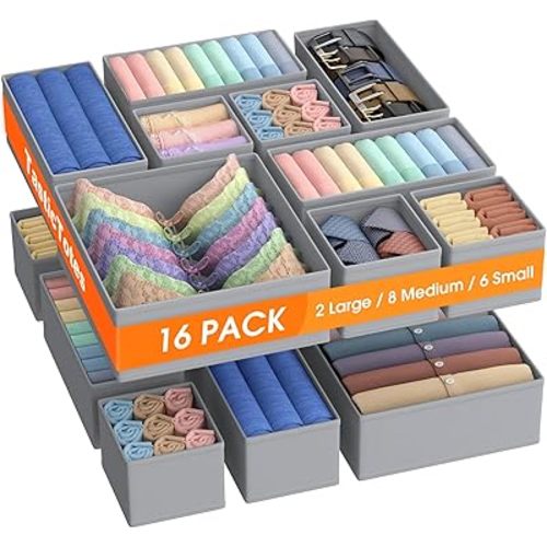 Drawer Organizer Clothes, 16 Pack Drawer Organizers and Underwear Organizer for Nursery, Dividers Clothes Organizer, Closet Organization and Foldable Storage Bins for Socks, Bra, Tie, Grey