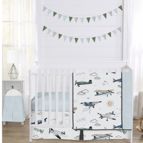Airplane Green and Blue Collection 4 Piece Crib Bedding