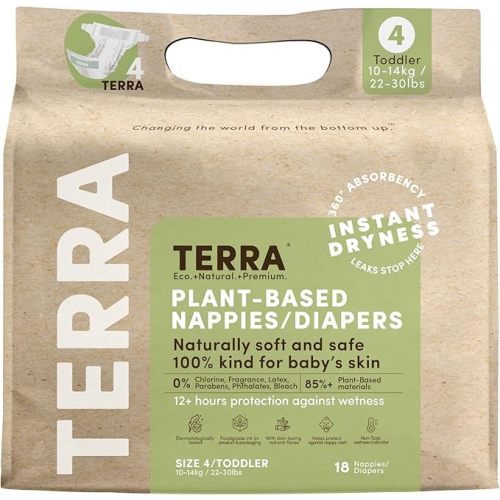 Terra Size 4 Diapers: 85% Plant-Based Diapers, Ultra-Soft & Chemical-Free for Sensitive Skin, 22-30 Pounds, 18 Count (Pack of 8)