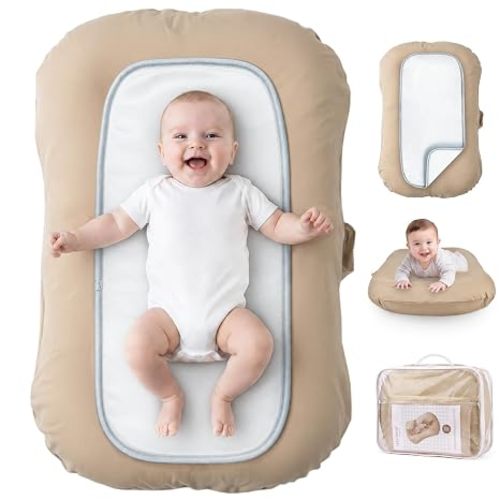 Baby Lounger for Newborn - Infant Lounger 0-24 Months, Soft Breathable Cotton, Perfect for Tummy Time, Portable Baby Nest Pillow for Home & Travel (Light Camel, Cover Included)