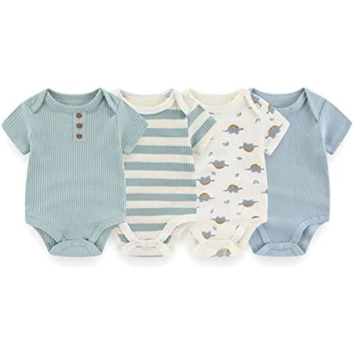 ZAV Solid Unisex Short Sleeve Baby Boy Girl Bodysuits 4-pack Cotton Cartoon Baby Clothes Soft Infant Outfits