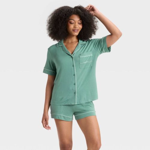Women's Cloud Knit Short Sleeve Notch Collar Top And Shorts Pajama Set - Auden™ Blue/seashells Xl: Modal-spandex Blend, Front Button Down