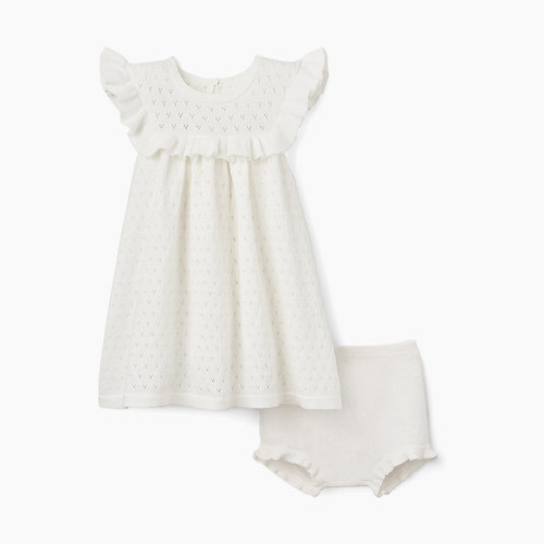 Elegant Baby Pointelle Flutter Sleeve Knit Baby Dress - White, 12M