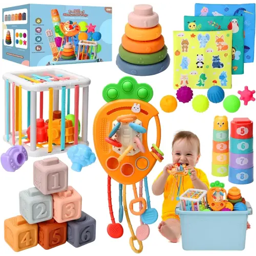 Baby Toys 6 to12 Months, 7 in-1 Montessori Toy for 6-9-12-18 Month Old with Pull String Toy, Sensory Bin Toys, Stacking Baby Blocks & Soft Infant Ring & Sensory Ball, Stacking Cups for Toddler Gift