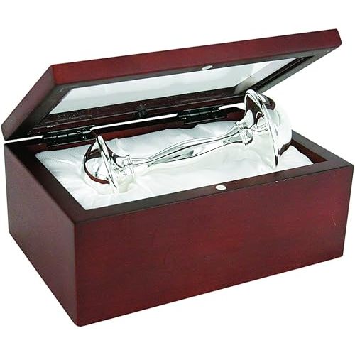 Stephan Baby Satin-Lined Rosewood Keepsake Box with 4" Silver Plated Keepsake Rattle