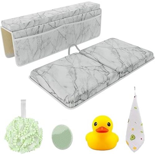Sleepah Bath Kneeler and Elbow Kneeling Rest Pad Set for Baby Bathing – Waterproof Soft Memory Foam Mat Organizer Baby & Toddler Bath Time Toys Sponge (Marble)