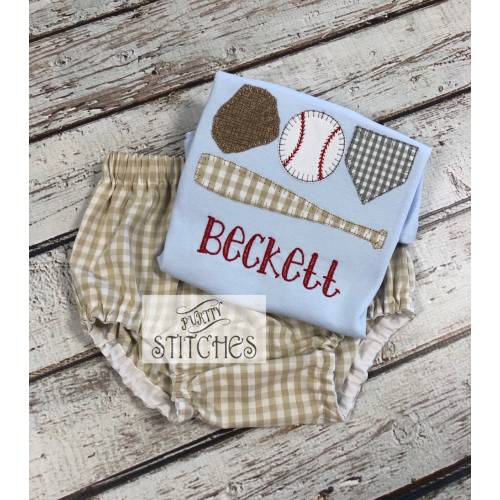 Baby Boy Baseball Outfit: Appliqued Shirt & Gingham Diaper Cover