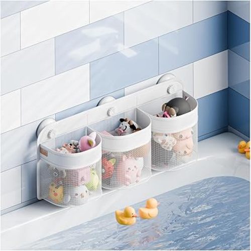 Suction Cup Bath Toy Storage Holder for Bathtub, Wide Opening and Large Capacity Bath Toy Organizer for Easy Access to Kids Bath Toys, Quick Drying Shower Toy Holder Bathroom Toy Storage