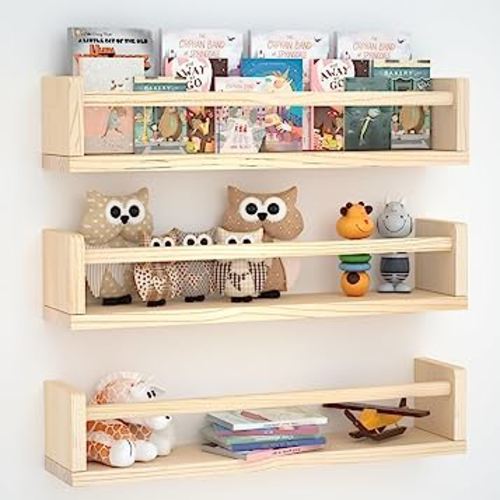 UPPZ Nursery Book Shelves Set of 3, 24 inch Floating Wall Bookshelf for Kids Room, Natural Solid Wood Book Shelf for Baby Nursery Room, Wall Shelves for Bedroom Decor, Toy Storage Shelves