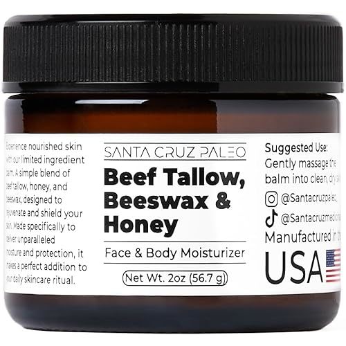 Santa Cruz Paleo Beef Tallow for Skin, Grass Finished & Grass Fed Beef Tallow and Honey Balm Body & Face Moisturizer, Organic Beeswax and Organic Honey, Light Scent, Moisturizing Natural Formula, 2 Oz
