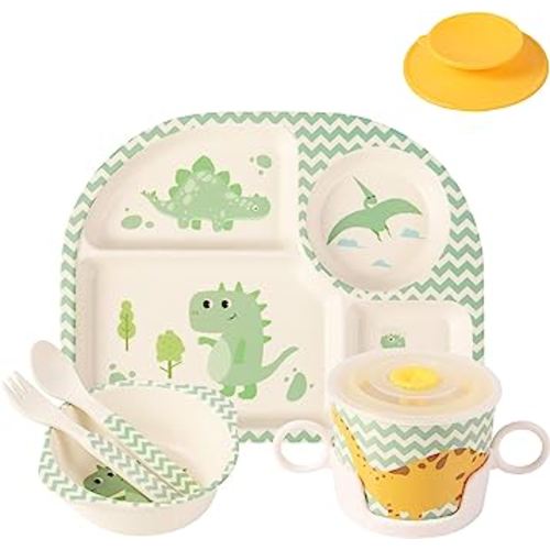 shopwithgreen 7Pcs/Set Bamboo Kids Dinnerware Set - Children Dishes - Food Plate Bowl Cup Spoon Fork Set Dishware, Cartoon Tableware, Dishwasher Safe Kids Healthy Mealtime, BPA Free