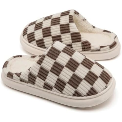 Yueerlu House Slippers for Woman Men, Fuzzy Checkered Mens Womens Slippers Warm Memory Foam House Shoes Indoor Outdoor with Faux Fur Lining