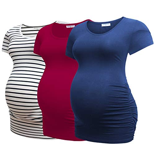 Bearsland Womens Maternity Tshirt 3 Packs Classic Side Ruched Tee Top Mama Pregnancy Clothes
