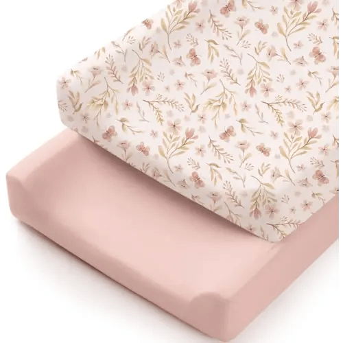Konssy 2 Pack Stretchy Changing Pad Covers for Girl, Boy, Silky Soft Changing Table Cover, Breathable Baby Nursery Diaper Chang Pad Sheets (Pink Spring,Pink)