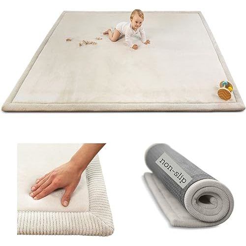 Premium Baby Play Mat 60”x80” Light Gray – Cloud-Soft Coral Velvet Memory Foam Rug for Crawling & Play – Non-Slip, Water-Repellent, Easy-Care Tummy Time Mat – Non-Toxic Padded Playmat
