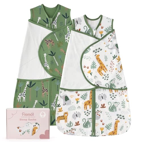 FIEMOL Baby Swaddle Sleep Sack 3-6 Months, Swaddles for Newborns Boy Girl, 3-Way Adjustable Infant Swaddle Wearable Blanket with Zipper & Detachable Wrap, 2 Pack Soft Snug Green Giraffe
