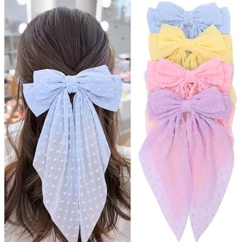MRJ 4Pcs Chiffon Hair Bows for Women Big French Bows Hair Clips for Girls Hair Accessories Barrettes Metal Clips Bowknot Aesthetic