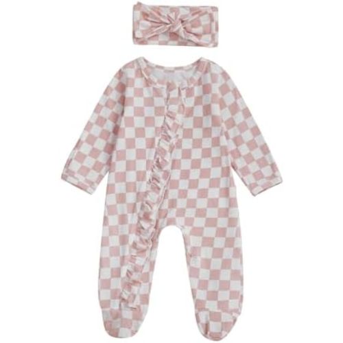 Karuedoo Newborn Baby Girl Clothes Checkered Ruffle Long Sleeve Zipper Footie Romper One-Piece Footed Jumpsuit Sleeper