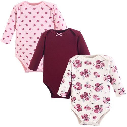 Hudson Baby Infant Girl Cotton Long-Sleeve Bodysuits 3pk, Rose, 18-24 Months
