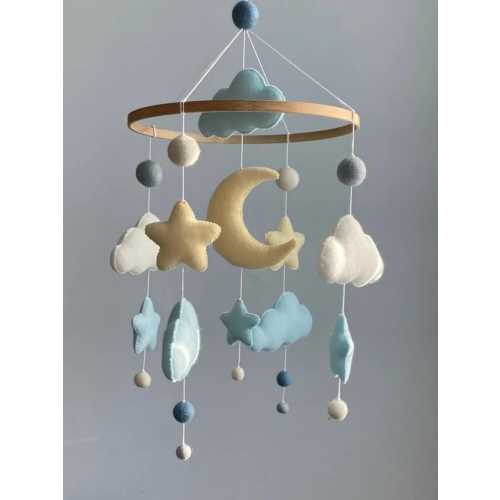 Handmade Cheerful Mobile Crib Sky Baby Room Accessory Mobile Nursery Felt Rabbit Sky Baby Boy Mobile Hanging Star Neutral Mobile
