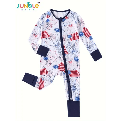 Baby's Independence Day Style Pattern Bamboo Fiber Bodysuit, Casual Zip Up Long Sleeve Romper, Toddler & Infant Boy's Onesie