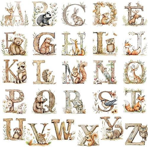 Woodland Alphabet Wall Decals Watercolor Animal ABC Wall Decals for Kids Peel and Stick Educational Nursery Stickers for Playroom Classroom Decoration