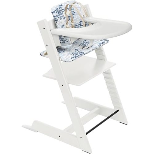 Stokke Tripp Trapp High Chair and Cushion with Tray - White with Waves Blue - Adjustable, Convertible, All-in-One High Chair for Babies & Toddlers