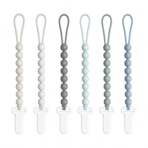 6 Pack Neutral Silicone Pacifier Clips for Boys and Girls, One Piece Beads Pacifier Clip Set with Durable Plastic Clip, Neutral Baby Pacifier Holder Set