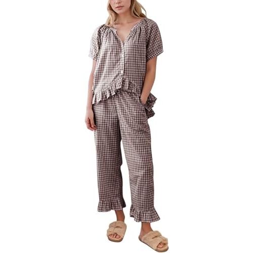 Flygo Womens Plaid 2 Piece Pajamas Sets Gingham Button Down Puff Sleeve Babydoll Shirt Ruffle Pants Y2K Pjs Lounge Set