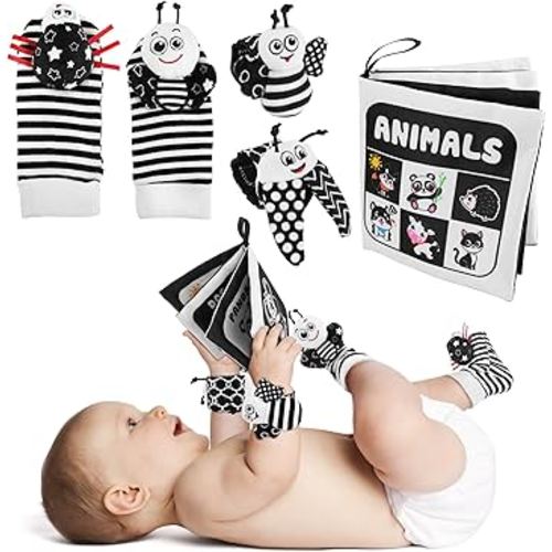 Baby Toys 0-6 Months, 4PCS Foot Finders & Wrist Rattles for Infants Toys Black and White Sensory Toys Baby Essentials for Newborn Wrist Rattle Baby Gifts (Wrist Rattles+Books)