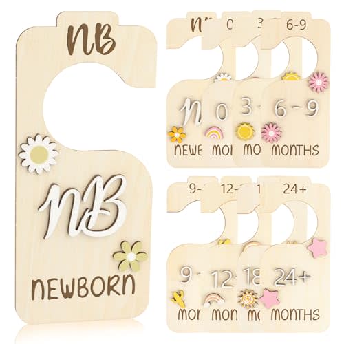 Atiloy 8Pcs Baby Closet Dividers for Clothes Organizer 3D Daisy Wooden Double Sided Baby Clothes Size Hanger Organizer from Newborn to 24 Months for Boho Themed Nursery Beautiful Decor