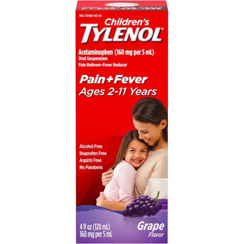 Tylenol Children's Liquid Oral Suspension Medicine, Acetaminophen Pain Reliever & Fever Reducer for Cold + Flu Symptoms & Sore Throat, Aspirin-, Ibuprofen- & Alcohol- Free, Grape, 4 fl. oz