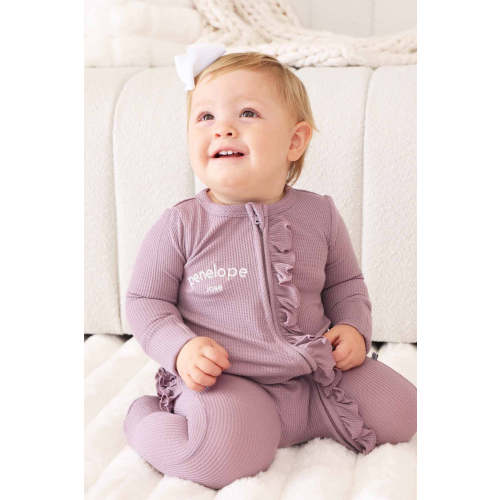 Embroidered Bamboo Waffle Zipper Ruffle Footie | Amethyst