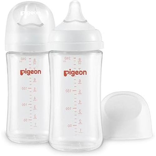 Pigeon Glass Nursing Bottle Wide Neck, Anti-Colic, Streamlined Body, Natural Feel, Easy to Clean, Heat-Resistant, 8.1 Oz(Pack of 2), Includes 2pcs M Nipples (3m+)