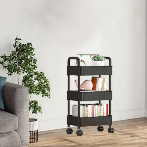Rolling Storage Cart with Handle, 3 Tier Mobile Organizer Rack, Wheeled Utility Trolley for Kitchen Bathroom Living Room Household Storage