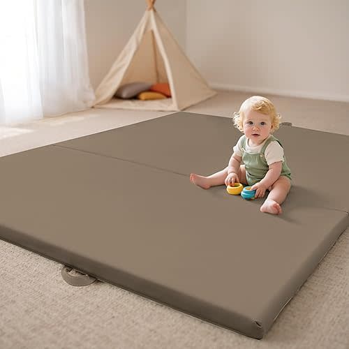 Foldable Baby Play Mats for Floor Vegan Leather 1.5 Inch Extra Thick Foam Play Mat for Kids for Playpen,Wipe-Clean Waterproof, Travel with Storage Bag,Crawling Mats for Toddlers&Infants,Brown