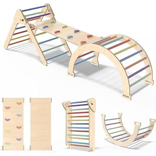 Large Pikler Triangle Set, 5 in 1 Foldable Baby Climbing Gym Indoor Montessori Climbing Set Wooden Toddler Climbing Toys with Arch, Ramp, Ladder