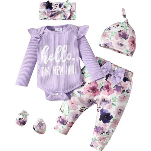 Sinhoon Newborn Baby Girl Clothes Hello I'm New Here Letter Romper+Floral Pants+Hat+Headband+Coming Home Outfits