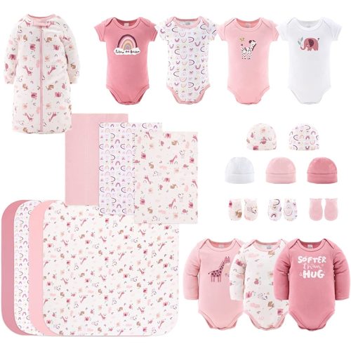 The Peanutshell Newborn Clothes & Accessories Set | 23 Piece Baby Girl Layette Gift Set | Fits Newborn to 3 Months | Rainbow & Safari