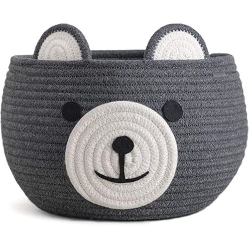 CherryNow Cotton Rope Baby Basket for Nursery, Bear Gift Baskets for Kids, Empty Baby Shower Basket with Handles, Small Cute Animal Baskets, Brown, 10.5"D x 8.5"H