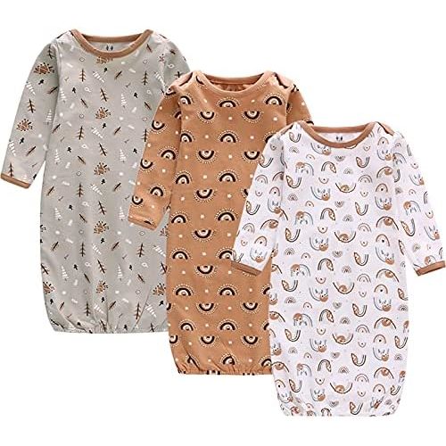 Baby Newborn Gown, 3 Packs Baby Sleeping Bag, Long Sleeve Sleep Sack, Cotton Cloths for Newborn Boys Girls 0-12 Months
